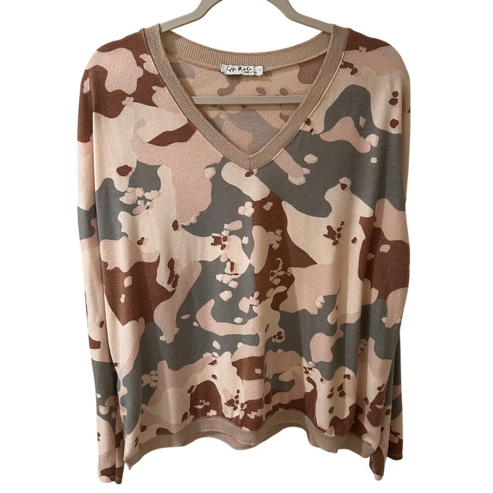 Gigi Moda One Size Muted Shimmer Camo V-Neck Angora Blend Sweater